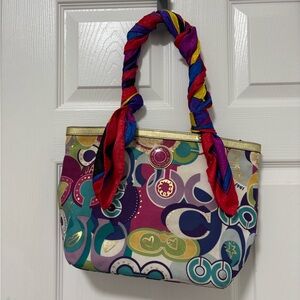 Coach Multicolor Circle-Print Tote with Red-Purple Scarf Handle